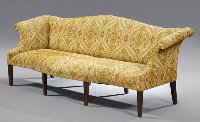 Chippendale Style Carved Mahogany Camelback Sofa, 20th : Chippendale Style Carved Mahogany Camelback Sofa, 20th c., with rolled arms, on tapered square legs, H.- 35 in., W.- 87 in., D.- 31 in.