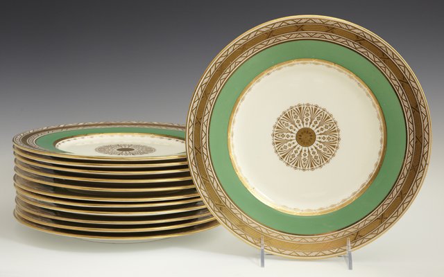 Set of Twelve Minton's Porcelain Dinner Plates, c. 1900: Set of Twelve Minton's Porcelain Dinner Plates, c. 1900, with gilt and apple green banding, Dia.- 10 1/2 in.