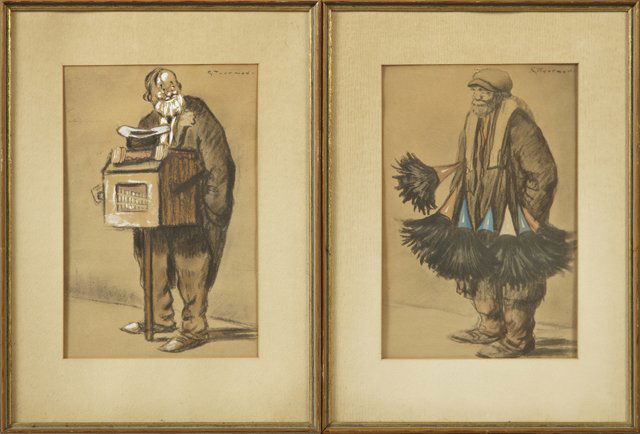Georges Tournon (Act. 1928-1958), "The Organ Grinder," : Georges Tournon (Act. 1928-1958), "The Organ Grinder," and "The Feather Duster Merchant," c. 1930, pair of mixed media on paper, signed u.r., framed, H.- 13 1/2 in., W.- 9 in.