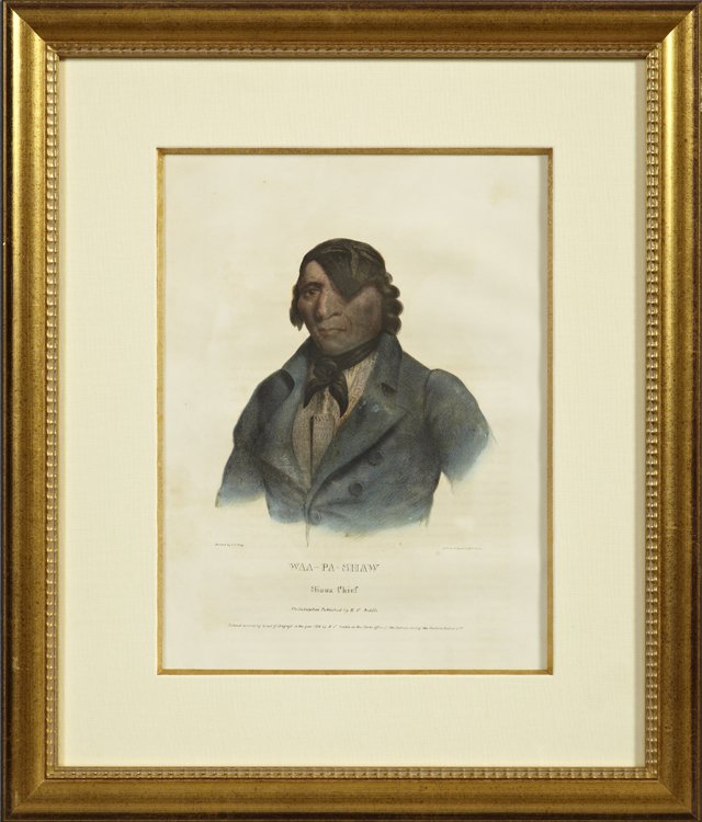 McKinney & Hall, "Waa-Pa-Shaw, Sioux Chief," 19th c., c: McKinney & Hall, "Waa-Pa-Shaw, Sioux Chief," 19th c., colored print, from "The History of the Indian Tribes in North America," framed, H.- 15 3/4 in., W.- 11 5/8 in.