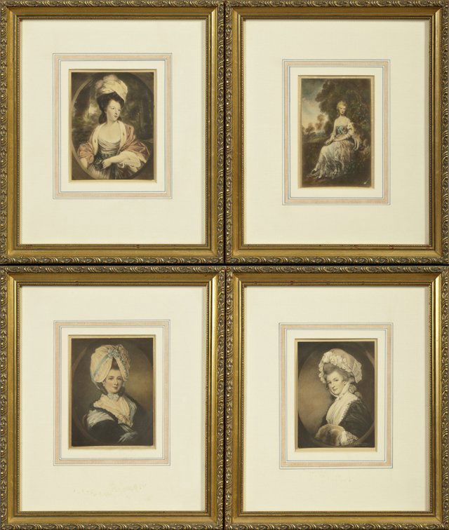 Set of Four English Colored Art Prints, early 20th c., : Set of Four English Colored Art Prints, early 20th c., of ladies, by John Raphael Smith, Gainsborogh, George Romney, and Sir Joshua Reynolds, published by the Campbell Art Company, New York, framed, H