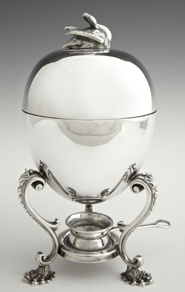 English Victorian Silver Plated Egg Warmer, c. 1890, th: English Victorian Silver Plated Egg Warmer, c. 1890, the lid with a swan form handle, with the original alcohol burner and the interior egg rack, H.- 8 7/8 in., Dia.- 4 in.