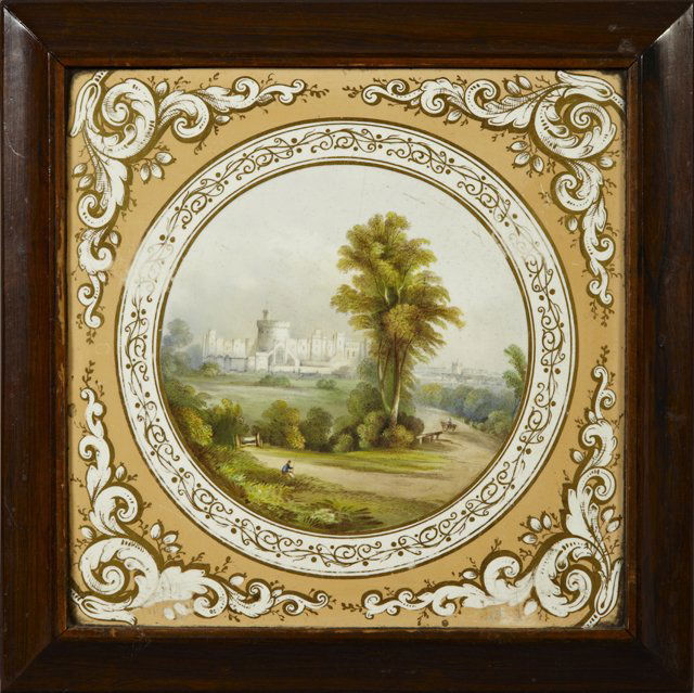 English Hand Painted Porcelain Trivet, 19th c., painted: English Hand Painted Porcelain Trivet, 19th c., painted with a bucolic country scene, in a rosewood frame, H.- 11 1/4 in., W.- 11 1/4 in., D.- 7/8 in.