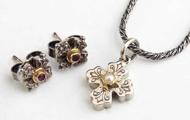 Konstantino Four Piece Sterling and 18K Yellow Gold Set: Konstantino Four Piece Sterling and 18K Yellow Gold Set, consisting of a pair of cross earrings with central round rubies in gold mounts, a cross pendant with a 3.4mm white cultured pearl in a yellow 