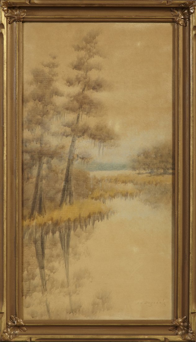 Alexander J. Drysdale (1870-1934), "Moss Draped Cypress: Alexander J. Drysdale (1870-1934), "Moss Draped Cypress Trees and Oaks," early 20th c., oil wash on paper, rare vertical example, pencil signed l.r., presented in the original frame, H.- 27 5/8 in., W