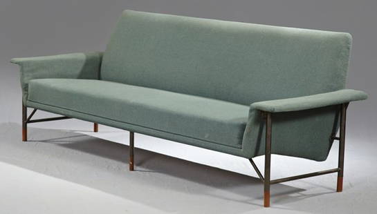 Finn Juhl Danish Modern Steel and Teak Sofa, c. 1950, m: Finn Juhl Danish Modern Steel and Teak Sofa, c. 1950, manufactured by Bovirke, on cylindrical legs, H.- 31 in., W.- 91 in., D.- 30 1/2 in.