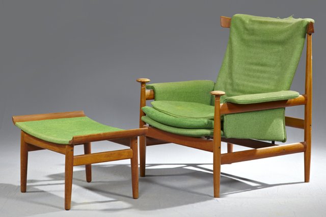 Finn Juhl Danish Modern Carved Teak Arm Chair and Ottom: Finn Juhl Danish Modern Carved Teak Arm Chair and Ottoman, c. 1960, by France & Son, #6302930 and # 6302002, retailed by John Stuart, each with metal button labels, Chair- H.- 35 1/2 in.