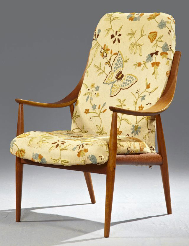 Finn Juhl Danish Modern Carved Teak Arm Chair, c. 1960,: Finn Juhl Danish Modern Carved Teak Arm Chair, c. 1960, made by France & Co., #6302018, retailed by John Stuart, now with crewel work butterfly upholstery, H.- 40 3/4 in.