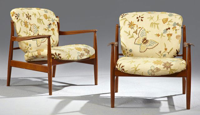 Pair of Finn Juhl Danish Modern Carved Teak Armchairs,: Pair of Finn Juhl Danish Modern Carved Teak Armchairs, c. 1950, made by France and Co., #5302538 and #5302906, retailed by John Stuart, with metal button labels, H.- 30 1/4 in.