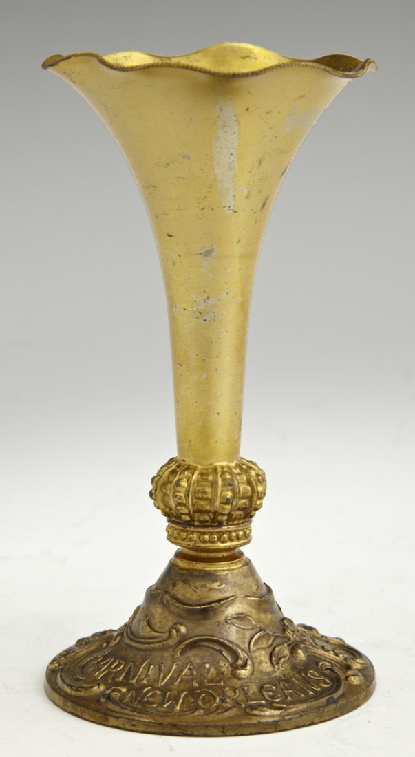 Mardi Gras Krewe Favor- Rex, 1905, in the form of a gil: Mardi Gras Krewe Favor- Rex, 1905, in the form of a gilt spelter bud vase, H.- 4 1/2 in., Dia.- 2 7/16 in.
