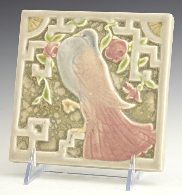 Rookwood Pottery Dove Tile, #3124, 1922, H.- 7/8 in., W: Rookwood Pottery Dove Tile, #3124, 1922, H.- 7/8 in., W.- 5 7/8 in., D.- 5 7/8 in.