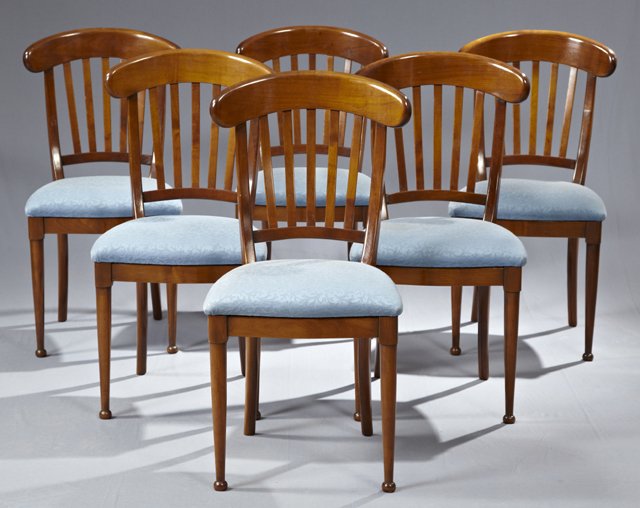 Set of Six French Carved Cherry Dining Chairs, 20th c.,: Set of Six French Carved Cherry Dining Chairs, 20th c., with curved slat backs, over shaped upholstered seats, on tapered cylindrical legs to ball feet, H.- 36 5/8 in.