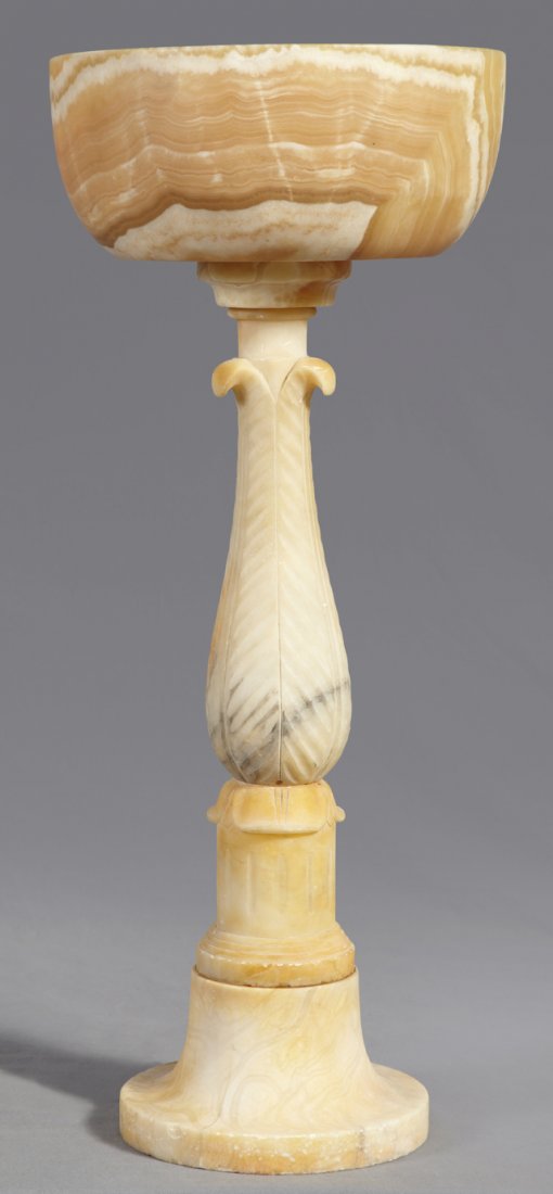 Large Carved Alabaster Table Lamp, early 20th c., the h: Large Carved Alabaster Table Lamp, early 20th c., the highly figured bowl atop a leaf carved baluster support, on a stepped socle base, H.- 28 1/4 in., Dia.- 11 7/8 in.