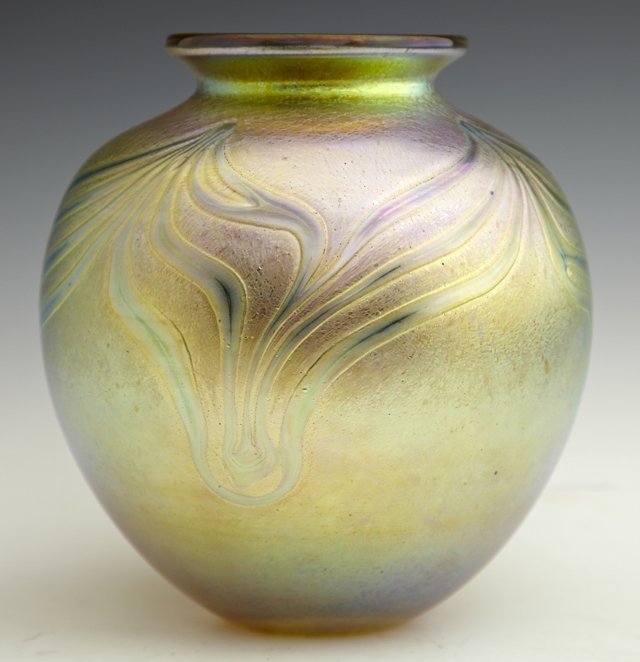 Iridescent Pulled Feather Art Glass Baluster Vase, 20th: Iridescent Pulled Feather Art Glass Baluster Vase, 20th c., by Robert held Art Glass, signed on the edge, H.- 7 1/4 in., Dia.- 6 1/2 in.
