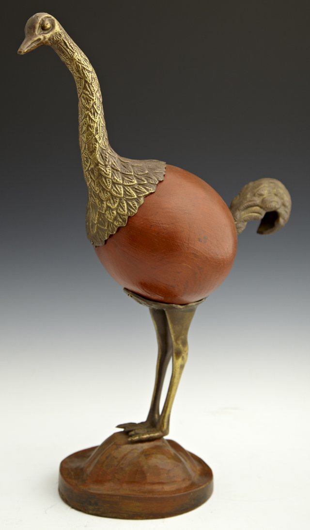 Bronze Mounted Ostrich Egg Figure, 20th c., of an ostri: Bronze Mounted Ostrich Egg Figure, 20th c., of an ostrich, the body of a real ostrich egg, on a wooden base, H.- 17 1/2 in., W.- 5 in., D.- 12 in.