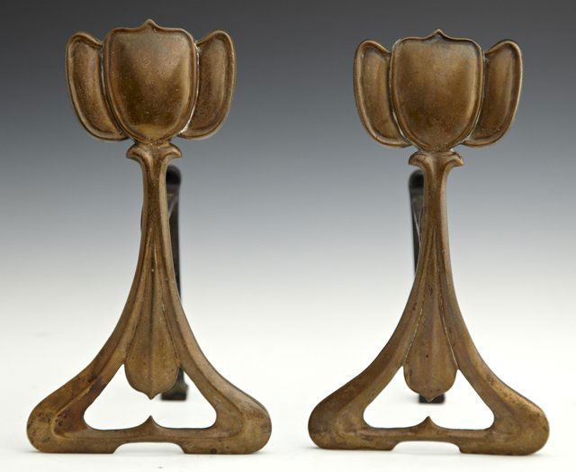 Pair of Diminutive Art Nouveau Bronze and Iron Florifor: Pair of Diminutive Art Nouveau Bronze and Iron Floriform Andirons, c. 1900, H.- 10 1/4 in., W.- 5 7/8 in., D.- 7 1/4 in.