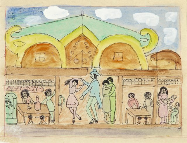 MC "5 Cent" Jones (1918-2003), "The Dance Hall," 20th c: MC "5 Cent" Jones (1918-2003), "The Dance Hall," 20th c., mixed media, signed upper left, matted, unframed, H.- 10 1/2 in., W.- 13 1/2 in.
