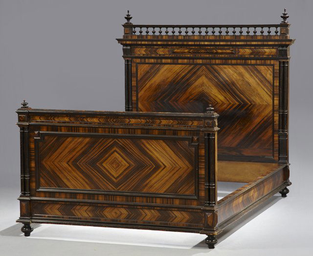 Louis XVI Style Carved Kingwood Bed, c. 1890, the headb: Louis XVI Style Carved Kingwood Bed, c. 1890, the headboard with a spindled crest over a highly figured crotched paneled back flanked by applied double columns, H.- 57 in., Int. W.- 52 in., Int. D.- 7