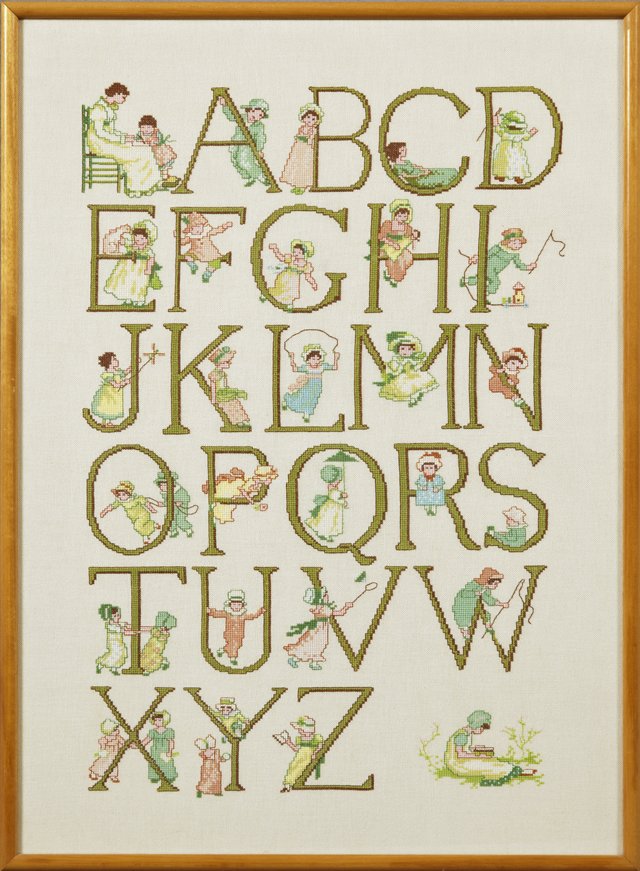 French Needlepoint Alphabet Sampler, 20th c., framed, H: French Needlepoint Alphabet Sampler, 20th c., framed, H.- 28 in., W.- 20 in.