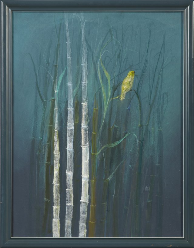Continental School, "Yellow Bird Amongst the Bamboo", 2: Continental School, "Yellow Bird Amongst the Bamboo", 20th c., pastel, signed in monogram "TM" center right, H.- 31 in., W.- 23 1/4 in.