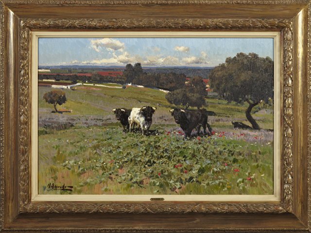 Miguel Acevedo (Spanish, 1947- ), "Toros Bravos en la D: Miguel Acevedo (Spanish, 1947- ), "Toros Bravos en la Dehesa, Bajadoz," 1989, oil on canvas, signed l.l., signed, titled and dated verso, framed, H.- 21 3/8 in., W.- 32 1/4 in.