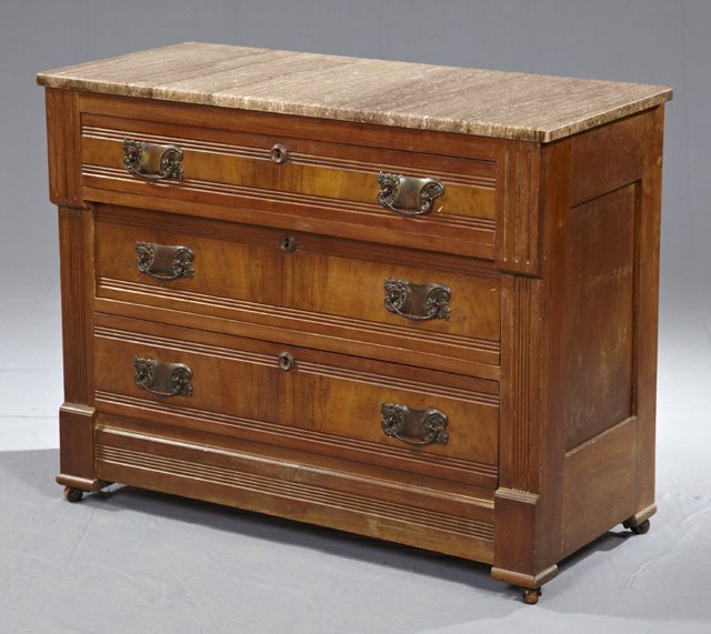 American Eastlake Marble Top Dresser Base, c. 1900, the: American Eastlake Marble Top Dresser Base, c. 1900, the Tennessee brown marble top over three garduated drawers, flanked by reeded pilasters, H.- 30 3/8 in., W.- 39 in., D.- 17 1/8 in.