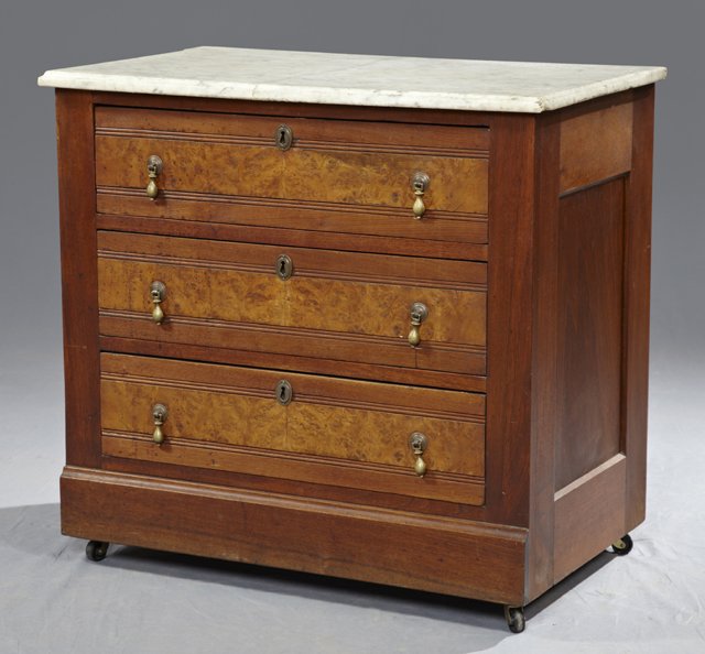 American Victorian Burled Walnut Marble Top Washstand, : American Victorian Burled Walnut Marble Top Washstand, c. 1900, the ogee edge white marble over three drawers, now lacking its mirror, H.- 28 3/4 in., W.- 30 1/4 in., D.- 18 1/4 in.