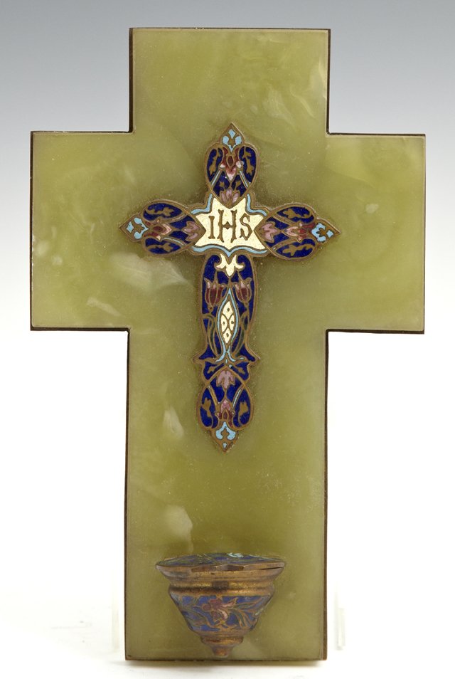 French Champleve and Green Onyx Holy Water Font, 19th c: French Champleve and Green Onyx Holy Water Font, 19th c., H.- 8 1/4 in., W.- 5 1/8 in., D.- 2 in.
