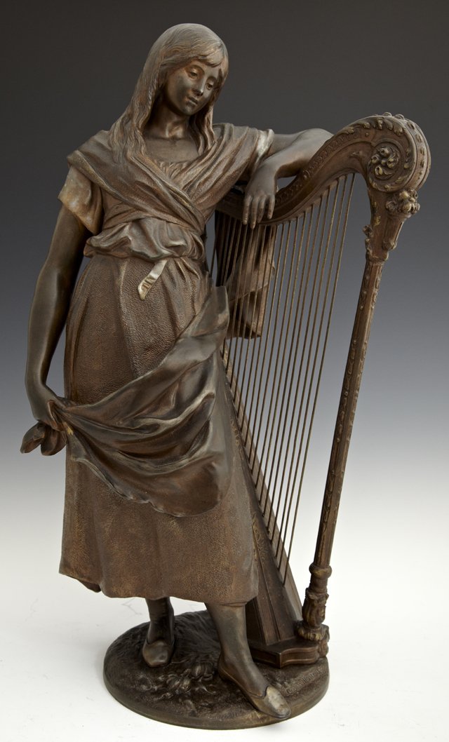 Patinated Spelter Figure of a Lady with a Harp, late 19: Patinated Spelter Figure of a Lady with a Harp, late 19th c., after August Moreau, as found, H.- 21 in., W.- 10 in., D.- 9 in.