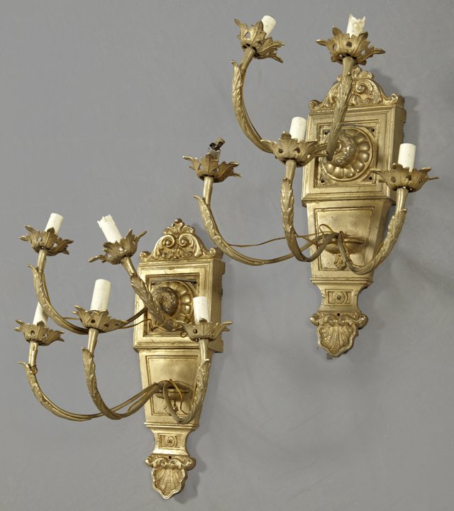 Pair of Gilt Bronze Five Light Sconces, 20th c., consis: Pair of Gilt Bronze Five Light Sconces, 20th c., consisting of two stacked groups, one of two lights over one of three lights, with pierced floriform bobeches, on tapered back plates with leaf and scr