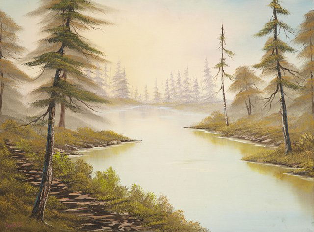 Bob Ross (1942-1995), "Happy Little Trees Along a Strea: Bob Ross (1942-1995), "Happy Little Trees Along a Stream," 20th c., oil on canvas, signed l.l., unframed, H.- 17 7/8 in., W.- 24 1/4 in.