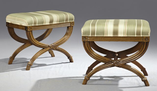 Pair of Curule Form Carved Beech Upholstered Stools, 20: Pair of Curule Form Carved Beech Upholstered Stools, 20th c., with green striped upholstery, on reeded skirts to crossed legs, H.- 19 1/2 in., W.- 21 in., D.- 14 1/2 in.