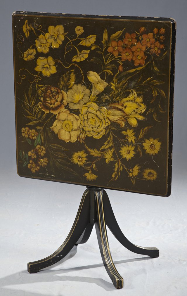Late Victorian Ebonized Tilt Top Table, early 20th c., : Late Victorian Ebonized Tilt Top Table, early 20th c., the square top decorated with flowers, supported by a vase form standard, raised on four downswept reeded legs, H.27 3/4 in.,W- 27 in., D.- 27 in