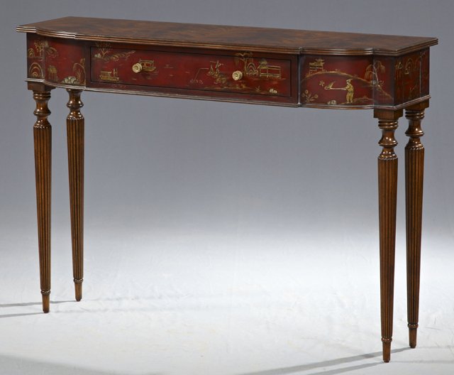 Banded Mahogany D-Form Chinoisserie Console Table, late: Banded Mahogany D-Form Chinoisserie Console Table, late 20th c., by Maitland Smith, the banded top over a painted Chinoisserie skirt with figural and landscape decoration, with a central frieze drawer