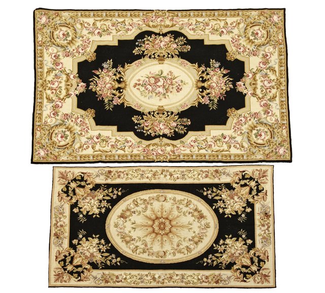 Two Chinese Aubusson Style Needlepoint Carpets, 20th c.: Two Chinese Aubusson Style Needlepoint Carpets, 20th c., with floral decoration, 2' 10 x 5' and 3' 10 x 5' 11.