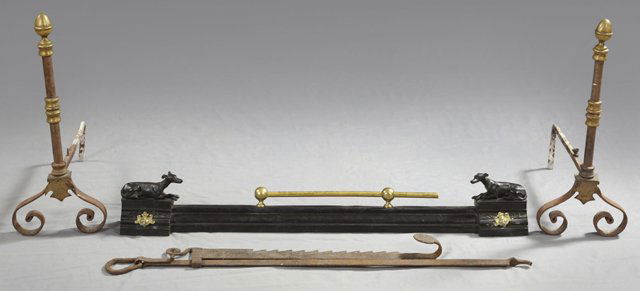 Group of Four Fireplace Accoutrements, 19th c., consist: Group of Four Fireplace Accoutrements, 19th c., consisting of a pair of brass and iron andirons, a brass and iron fender with relief whippet decoration, and a wrought iron meat jack, Fender- H.- 6 in.
