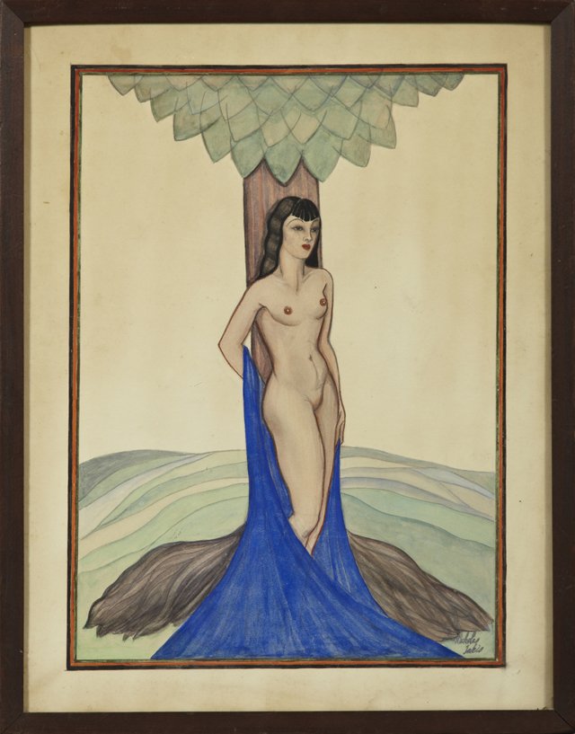 Nicholas Takis (1903-1965), "Nude Leaning on a Tree," c: Nicholas Takis (1903-1965), "Nude Leaning on a Tree," c. 1930, watercolor, signed l.r., framed, H.- 18 3/4 in., W.- 13 1/2 in.