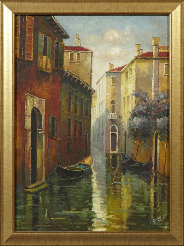 P. Vasco, "Venetian Canal Scene," 20th c., oil on canva: P. Vasco, "Venetian Canal Scene," 20th c., oil on canvas, signed l.r., framed, H.- 27 3/4 in., W.- 19 5/8 in.
