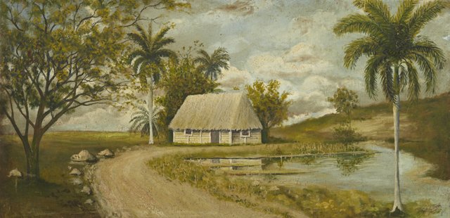 Juan Gil Garcia (Cuban, 1879-1931), "Cuban Landscape," : Juan Gil Garcia (Cuban, 1879-1931), "Cuban Landscape," early 20th c., oil on canvas, signed l.r., verso with 1989 Cuban government export labels, unframed, H.- 27 in., W.- 55 1/4 in.