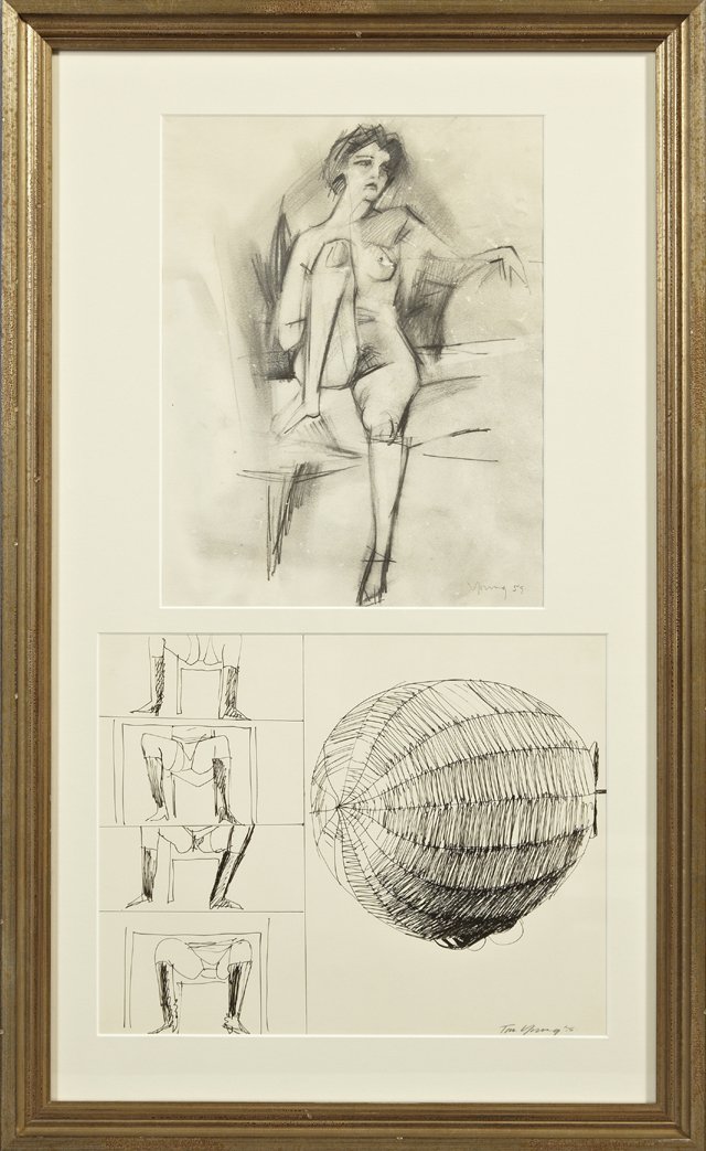William Tom Young (1924-), "Seated Nude," 1959, "Lower : William Tom Young (1924-), "Seated Nude," 1959, "Lower Half of a Seated Nude," and "Dirigible," 1975, group of three sketches, two signed, presented in a single frame.