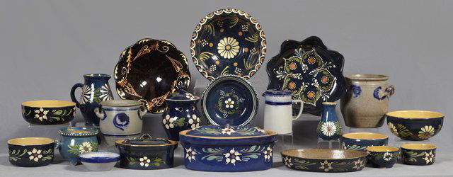 Group of Twenty-One Pieces of Alsatian Glazed Earthenwa: Group of Twenty-One Pieces of Alsatian Glazed Earthenware, 19th and 20th c., consisting of a covered onion pot, 2 covered tureens, 12 bowls, a covered stoneware pitcher, 3 crocks, a pitcher, and a vas
