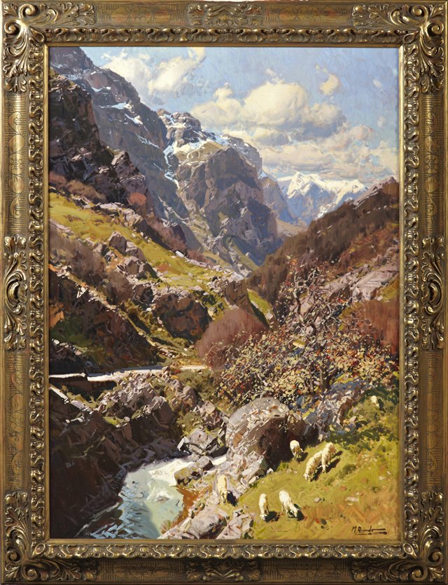 Miguel Acevedo (Spanish, 1947- ), "Picos de Europa: Miguel Acevedo (Spanish, 1947- ), "Picos de Europa, Asturias" 1987, oil on canvas, signed l.r., signed, titled and dated verso, framed, H.- 46 in., W.- 30 in.