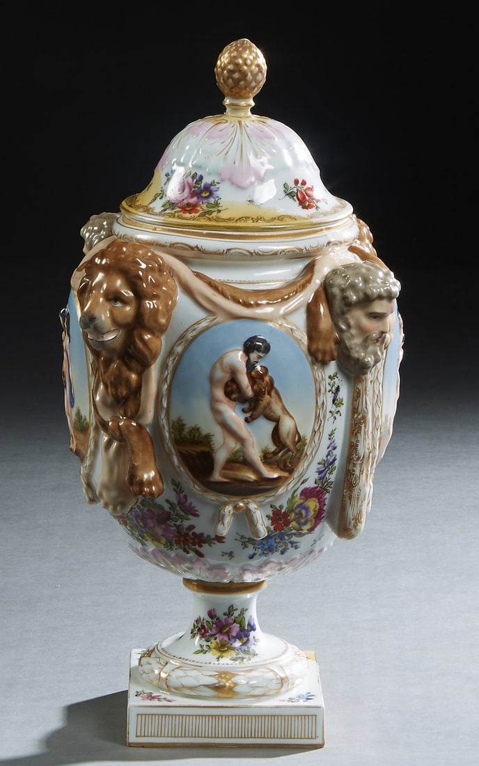 Eugene Claus, Meissen Style Covered Porcelain Urn, 19th c., H.- 15 1/2 in., Dia.- 10 in.