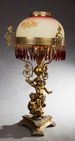 Large American Brass Plated Figural Oil Lamp, late 19th c., H.- 34 1/2 in., Dia.- 19 in.