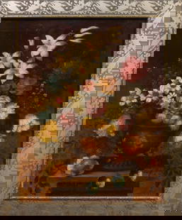 American School, "Decorative Floral Still Life," 20th c., H.- 20 in., W.- 16 in., Framed- H.- 23 3/4: American School, "Decorative Floral Still Life," 20th c., oil on canvas, unsigned, presented in a silvered wood frame with embossed foliate design, H.- 20 in., W.- 16 in., Framed- H.- 23 3/4 in., W.-