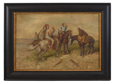 American School, "Tribe on Horseback," 20th c., H.- 24 in., W.- 36 in., Framed- H.- 32 3/4 in., W.-