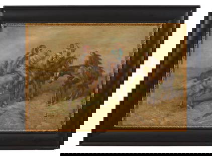American School, "Tribe on Horseback," 20th c., H.- 24 in., W.- 36 in., Framed- H.- 32 3/4 in., W.-: American School, "Tribe on Horseback," 20th c., oil on canvas, signed "Joanna/e?", presented in a black and giltwood composite frame, H.- 24 in., W.- 36 in., Framed- H.- 32 3/4 in., W.- 44 3/4 in.