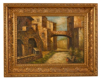 Continental School, "Cobblestone Village," 20th c., H.- 19 1/2 in., W.- 27 1/2 in., Framed- H.- 29