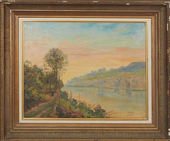 John Adamos Manol (Greek, b. 1900), "Landscape View with Woman Collecting Firewood," 20th c., H.- 15