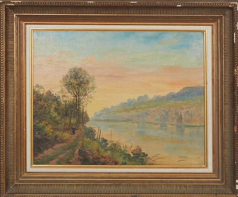 John Adamos Manol (Greek, b. 1900), "Landscape View with Woman Collecting Firewood," 20th c., H.- 15 (1 of 4)